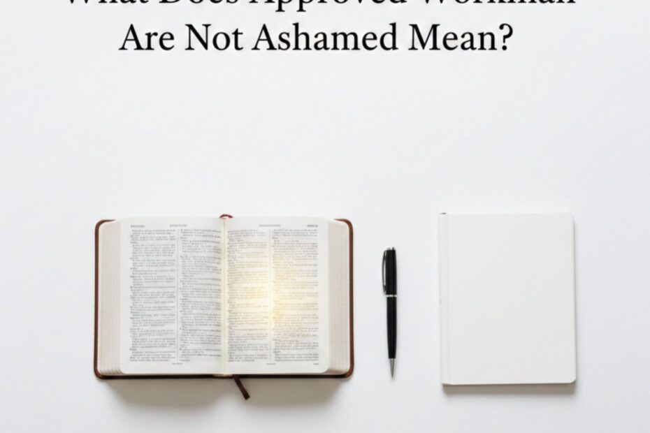 Website Image Prompt (White Background – Clean & Minimalist) Prompt: A clean, minimalist white-background devotional image showing an open Bible on a bright white table, soft natural top-light, subtle shadows, and a peaceful study atmosphere. A pen and notebook are placed neatly beside the Bible to symbolize spiritual learning. Use gentle glowing light around the Scriptures to represent divine revelation. Add the title in elegant black serif typography at the top: “What Does Approved Workmen Are Not Ashamed Mean?” Overall feel: pure, holy, simple, and reverent.